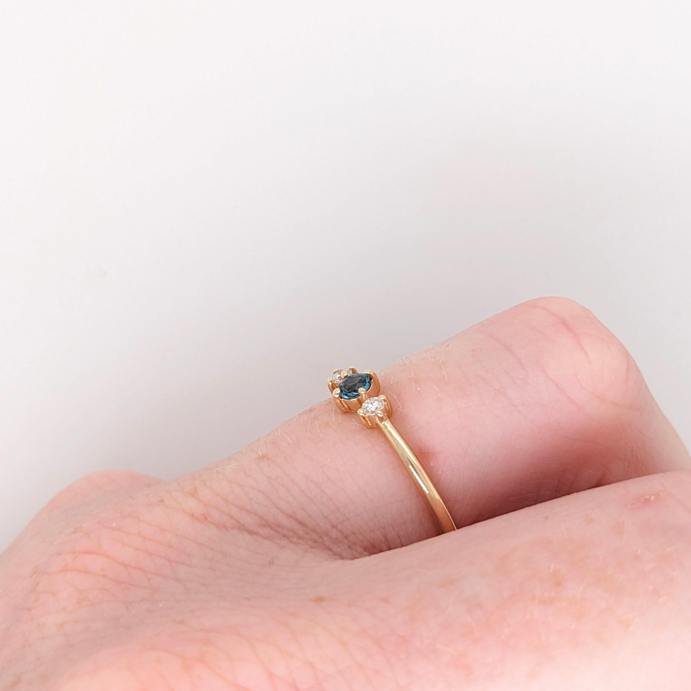 London Blue Topaz Ring w Diamond Accents in Solid 14K Yellow Gold Round 3mm For Sale 2