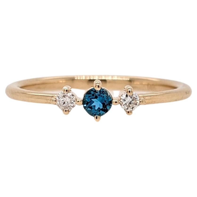 London Blue Topaz Ring w Diamond Accents in Solid 14K Yellow Gold Round 3mm For Sale