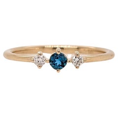 London Blue Topaz Ring w Diamond Accents in Solid 14K Yellow Gold Round 3mm