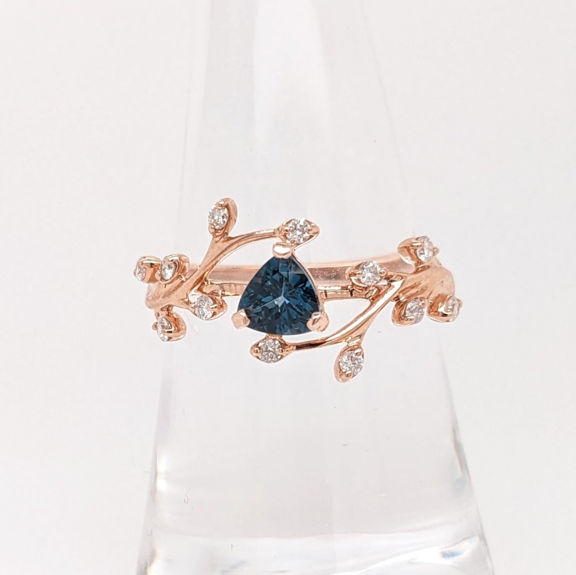 Modern London Blue Topaz Ring w Earth Mined Diamonds in Solid 14k Gold Trillion 5mm For Sale