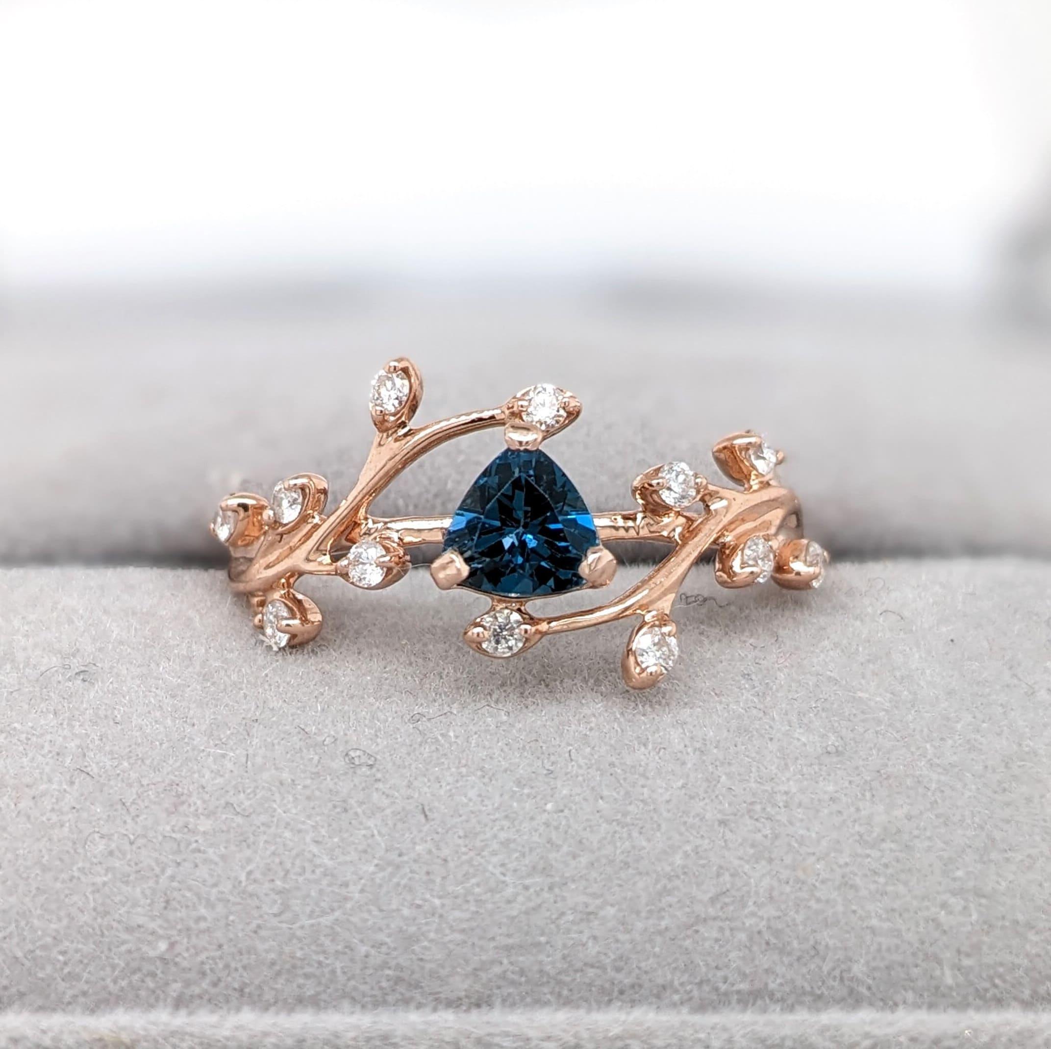 Women's London Blue Topaz Ring w Earth Mined Diamonds in Solid 14k Gold Trillion 5mm For Sale