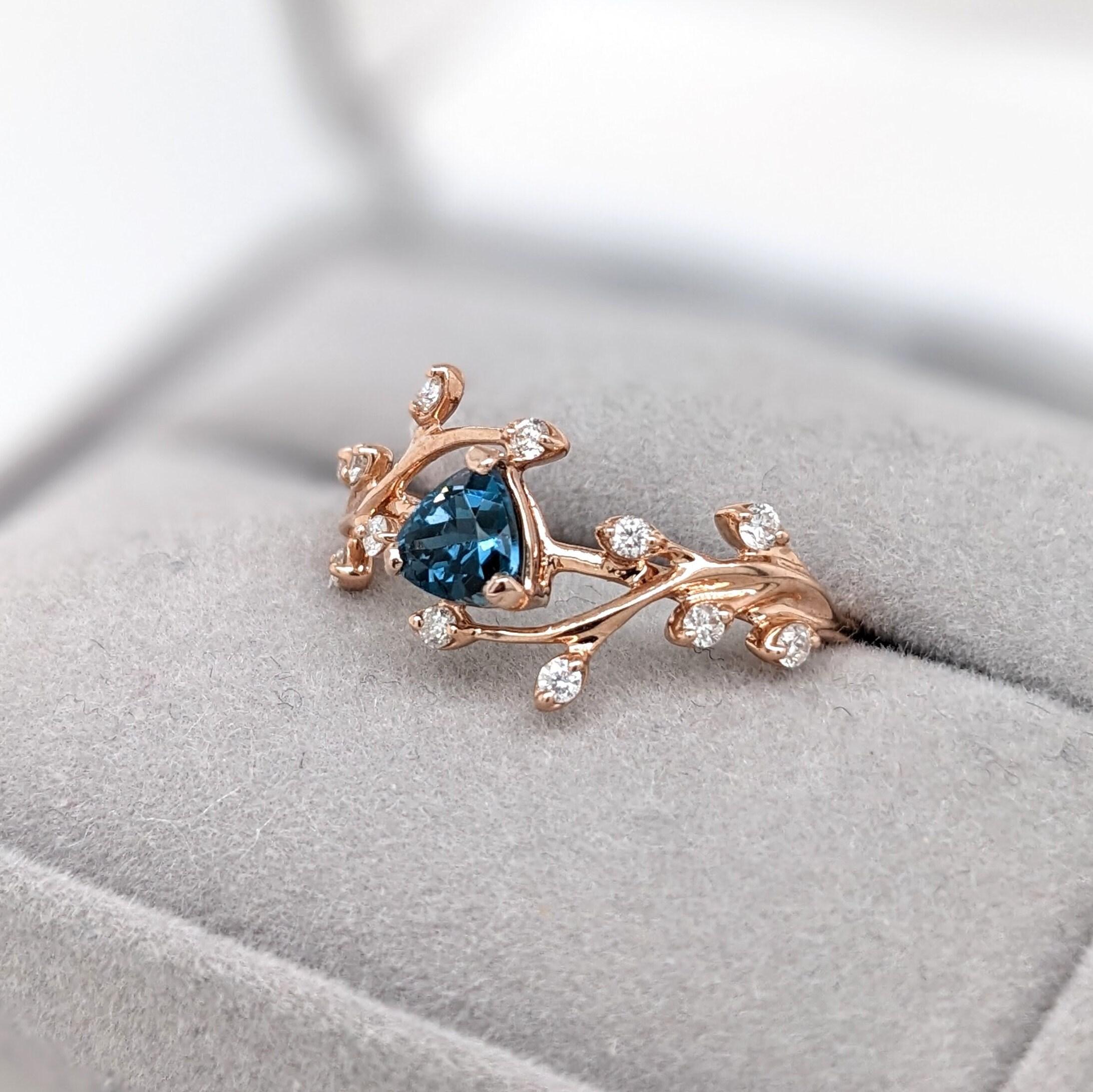 London Blue Topaz Ring w Earth Mined Diamonds in Solid 14k Gold Trillion 5mm For Sale 1