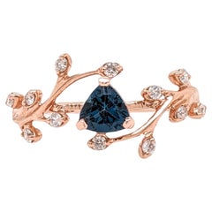 London Blue Topaz Ring w Earth Mined Diamonds in Solid 14k Gold Trillion 5mm
