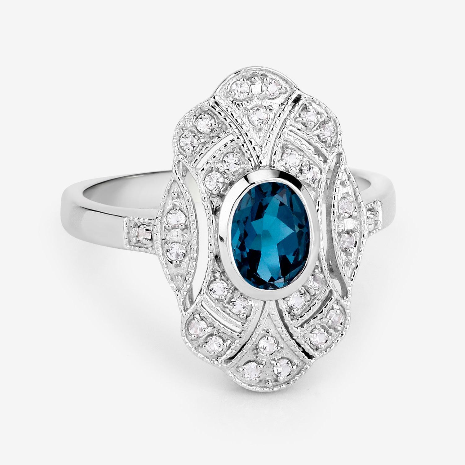 Oval Cut London Blue Topaz Ring White Topaz 1.31 Carats Sterling Silver For Sale