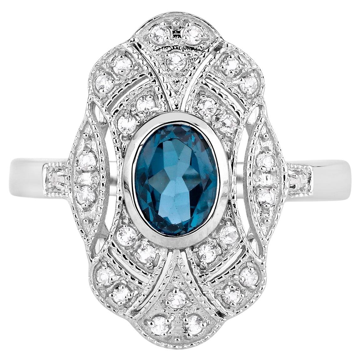 London Blue Topaz Ring White Topaz 1.31 Carats Sterling Silver For Sale