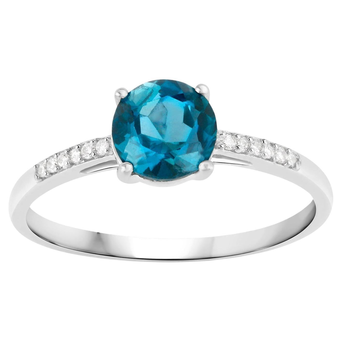 Londoner Blauer Topas-Ring mit Diamanten 1,05 Karat 14K Weißgold im Angebot