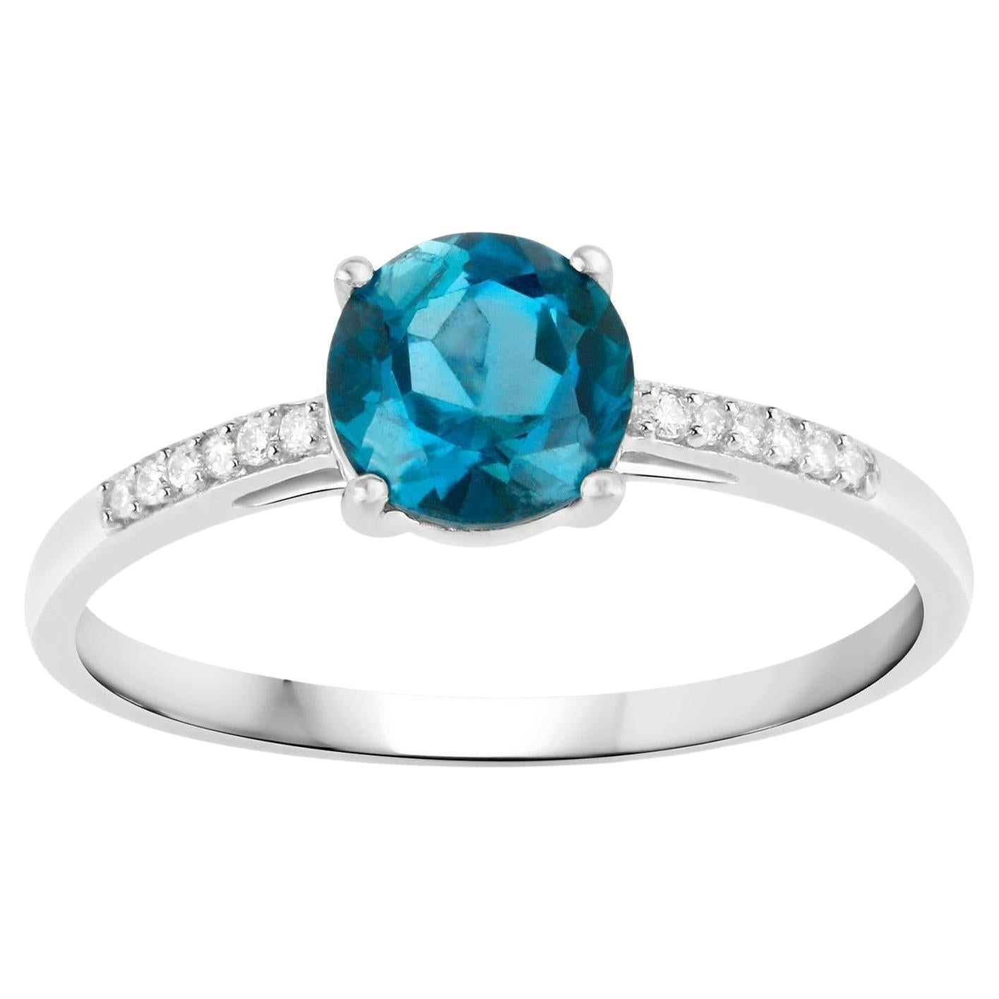 London Blue Topaz Ring With Diamonds 1.05 Carats 14K White Gold For Sale