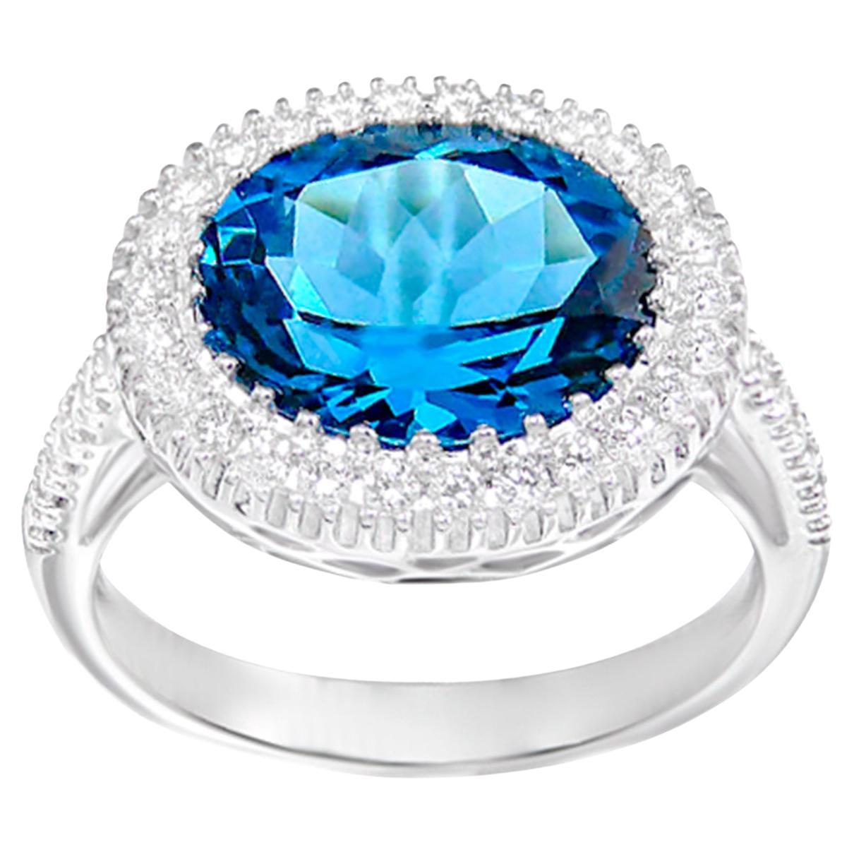 London Blue Topaz Ring With Diamonds 4.53 Carats 18K White Gold For Sale at 1stDibs
