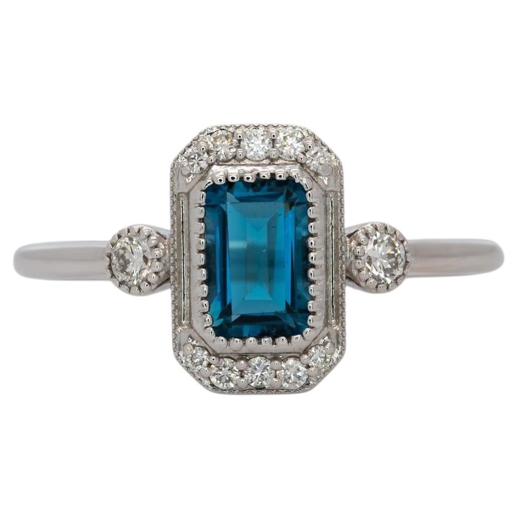 London Blue Topaz Ring with Earth Mined Diamond Accents: Solid 14K Gold, 6x4mm