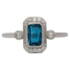 London Blue Topaz Ring with Earth Mined Diamond Accents: Solid 14K Gold, 6x4mm