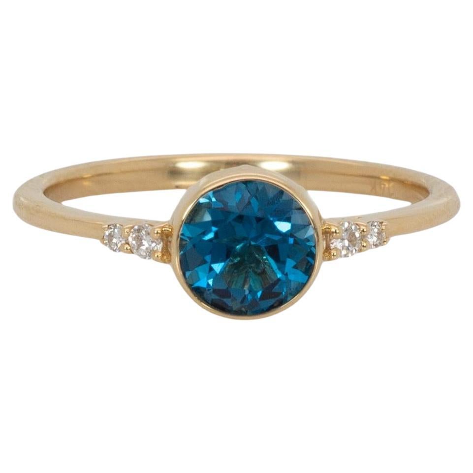 London Blue Topaz Ring with Natural Diamonds Accents: Solid 14k Gold, 5.5mm For Sale
