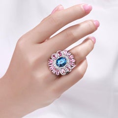 London Blue Topaz Ring With Pink Tourmaline 7.38 Carats Sterling Silver