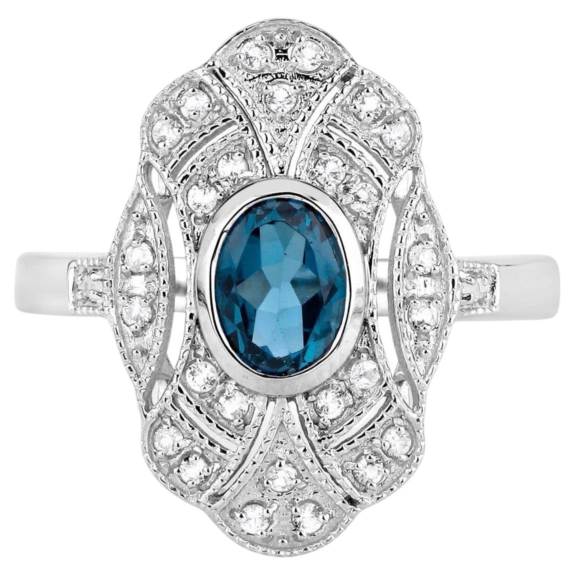 London Blue Topaz Ring With White Topaz 1.28 Carats Sterling Silver
