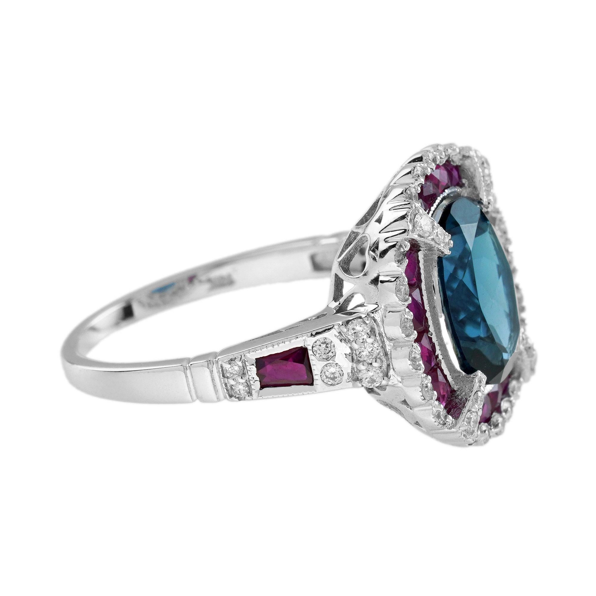 London Blue Topaz Ruby and Diamond Art Deco Style Halo Ring in 14K White Gold In New Condition For Sale In Bangkok, TH