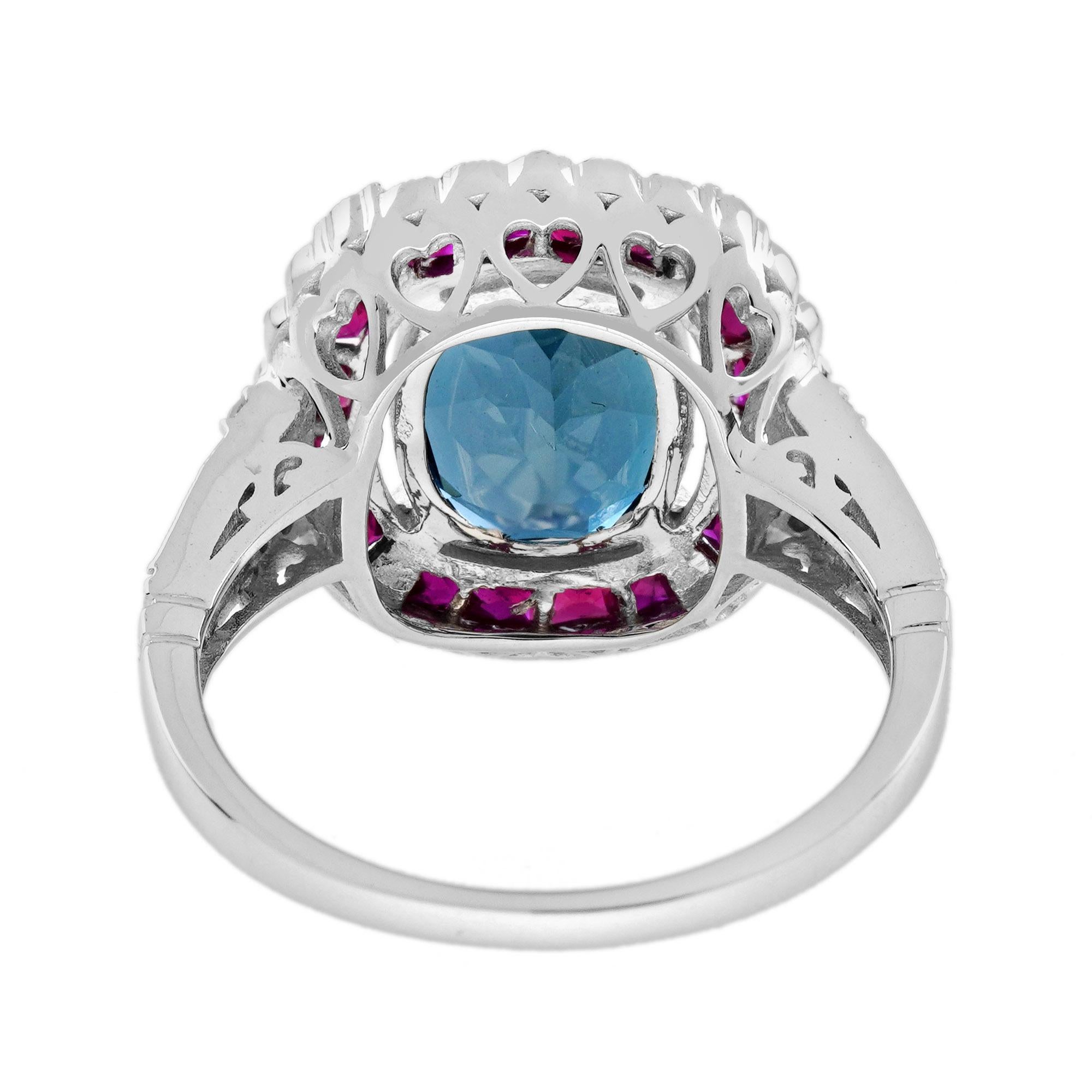 Women's London Blue Topaz Ruby and Diamond Art Deco Style Halo Ring in 14K White Gold For Sale