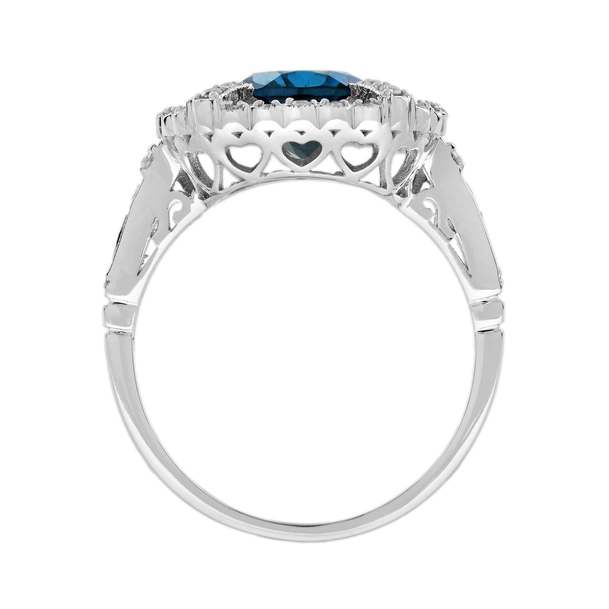 London Blue Topaz Ruby and Diamond Art Deco Style Halo Ring in 14K White Gold For Sale 1