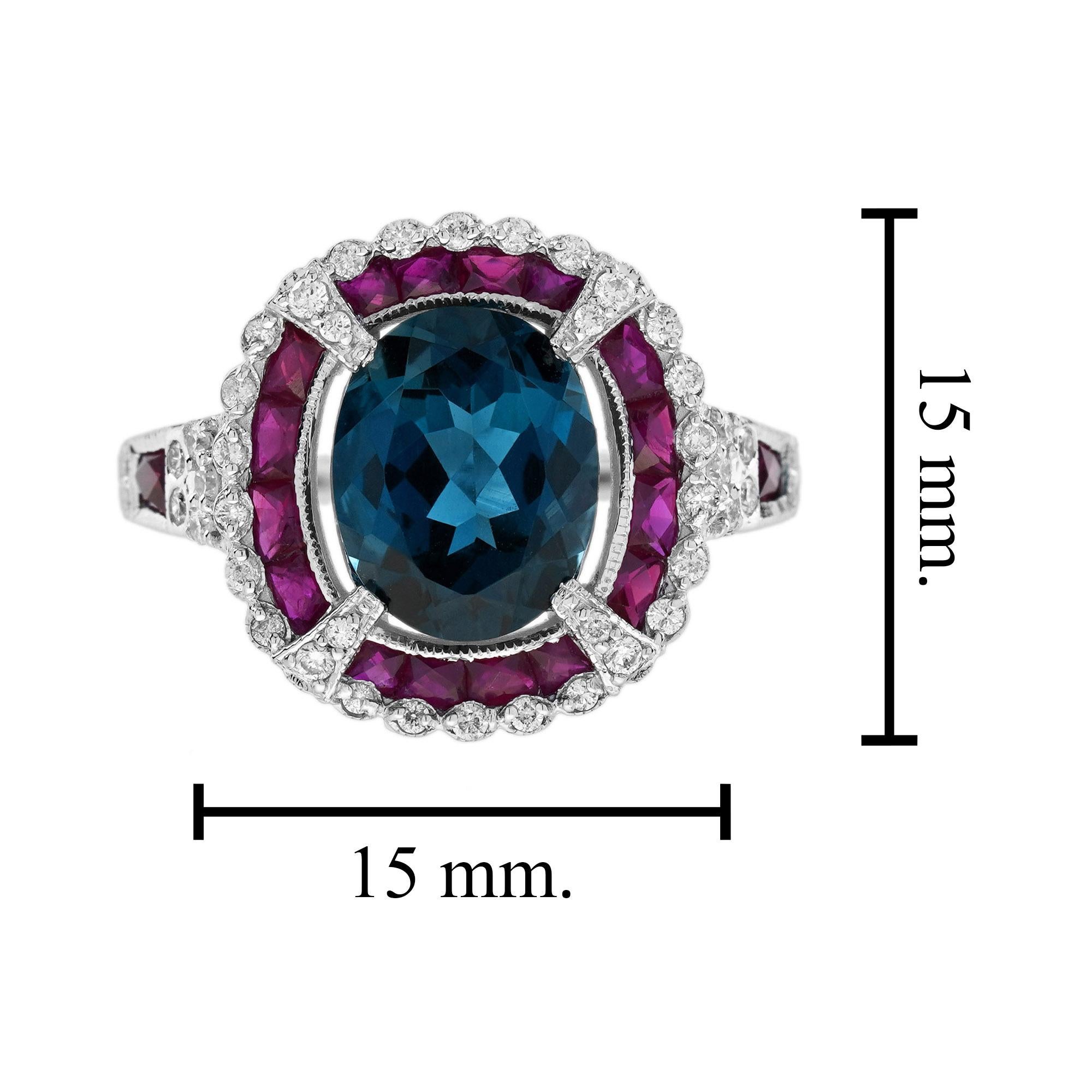 London Blue Topaz Ruby and Diamond Art Deco Style Halo Ring in 14K White Gold For Sale 2