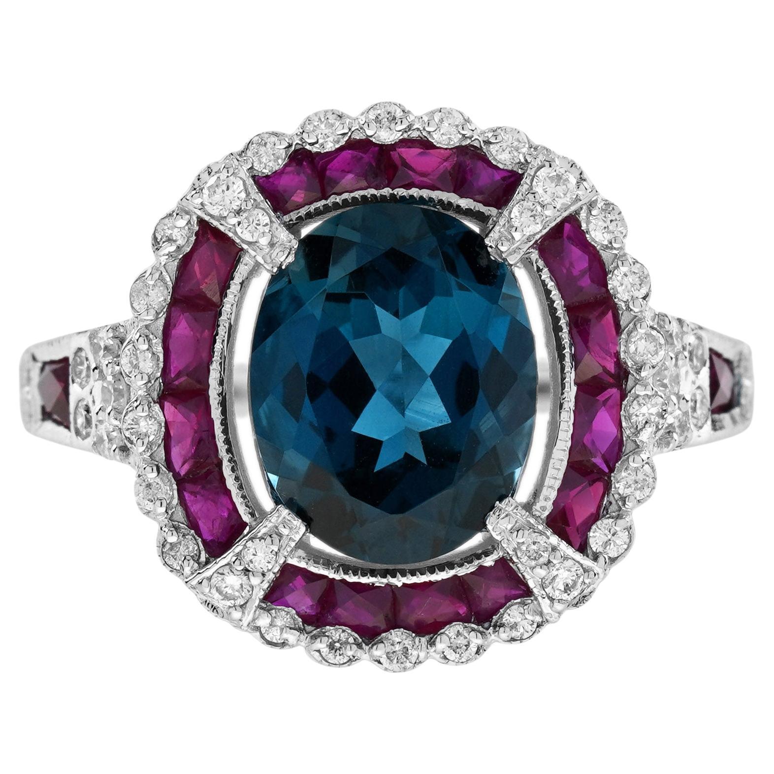 London Blue Topaz Ruby and Diamond Art Deco Style Halo Ring in 14K White Gold For Sale