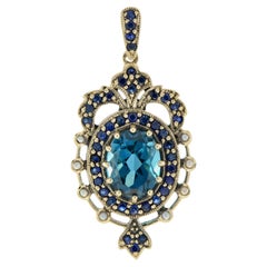 London Blue Topaz Sapphire and Pearl Vintage Style Pendant in Oxidized 9k Gold