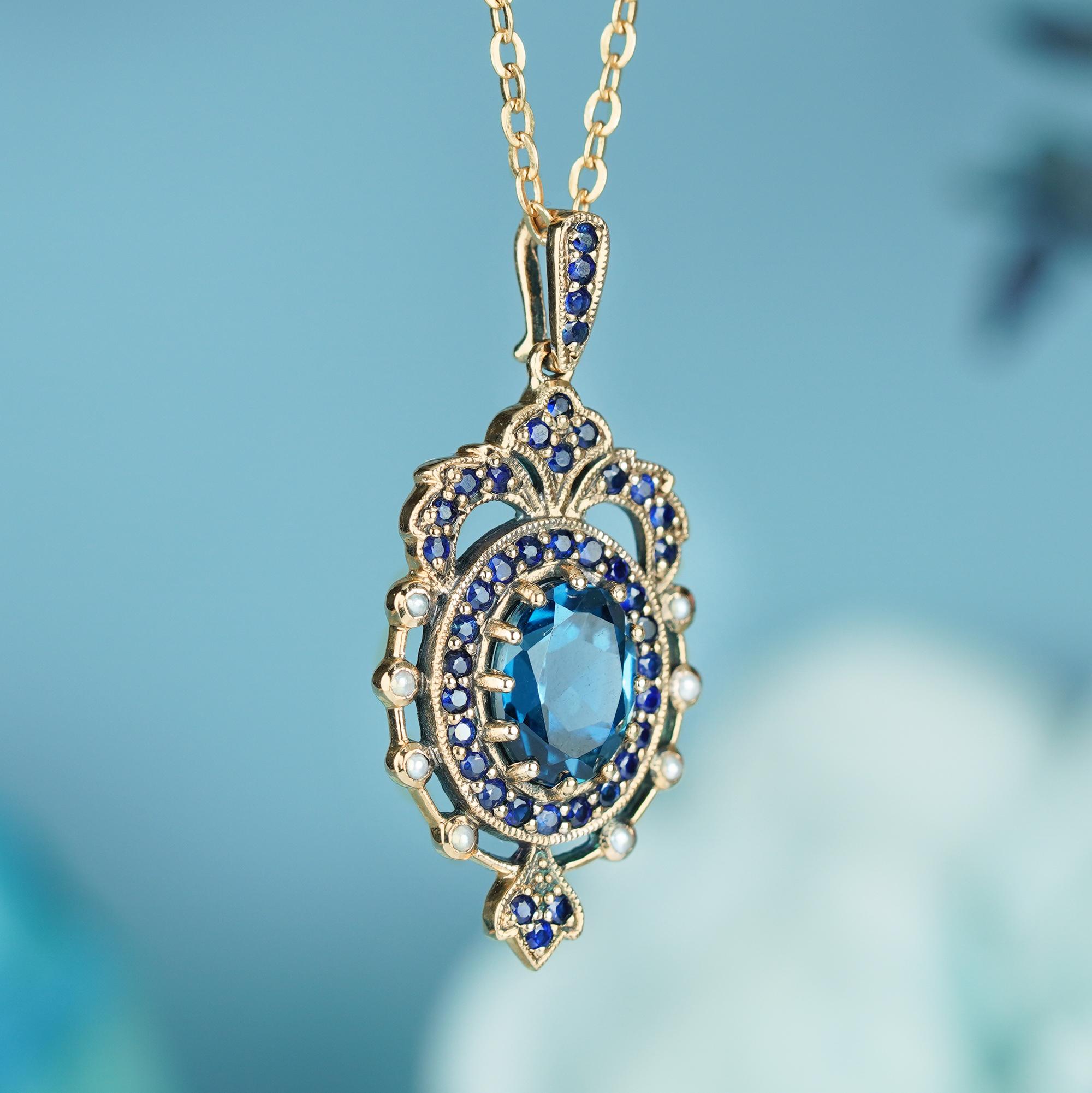 Edoardiano Ciondolo in stile vintage in oro massiccio 9K con perla e zaffiro Topazio Blu di Londra in vendita