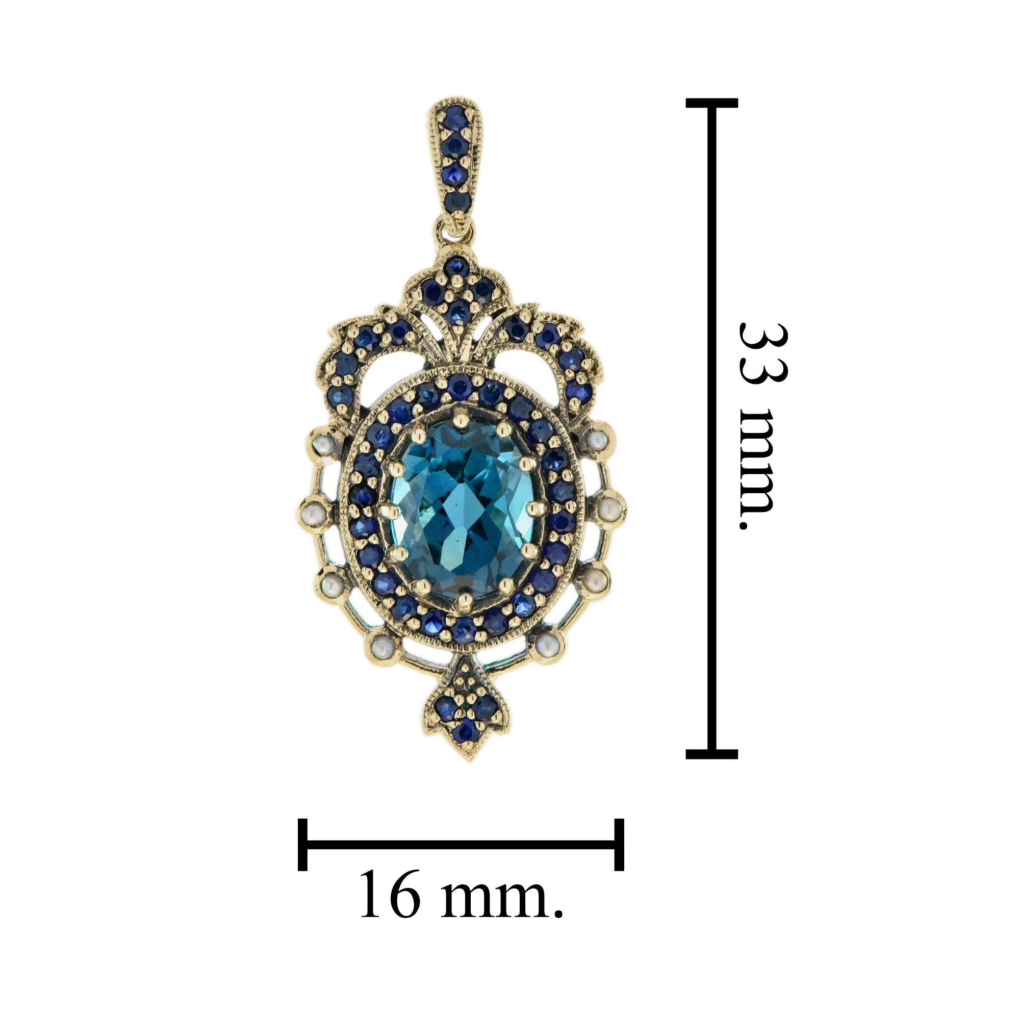 Londres Topaze bleue Saphir Perle Pendentif de style vintage en or massif 9K en vente 2