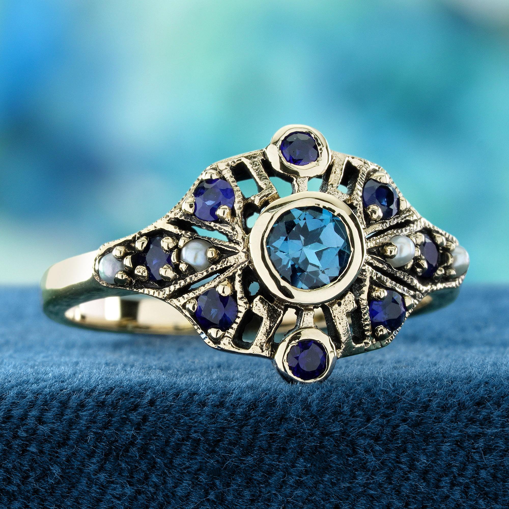 Edwardian London Blue Topaz Sapphire Pearl Vintage Style Ring in Solid 9K Yellow Gold For Sale