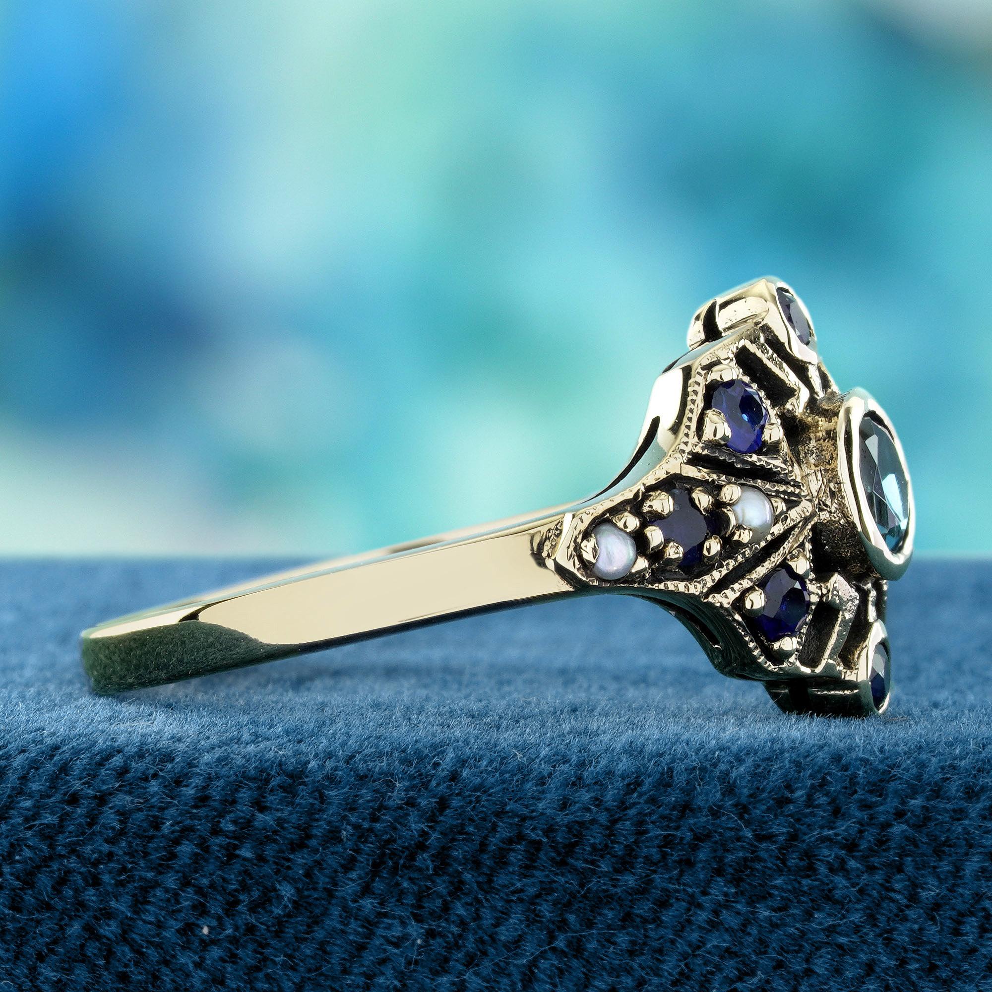 Round Cut London Blue Topaz Sapphire Pearl Vintage Style Ring in Solid 9K Yellow Gold For Sale