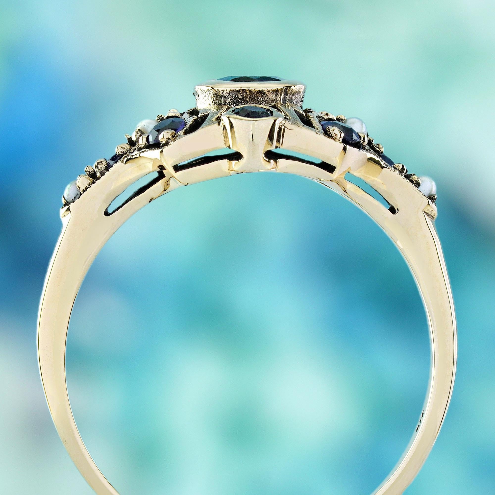 London Blue Topaz Sapphire Pearl Vintage Style Ring in Solid 9K Yellow Gold In New Condition For Sale In Bangkok, TH