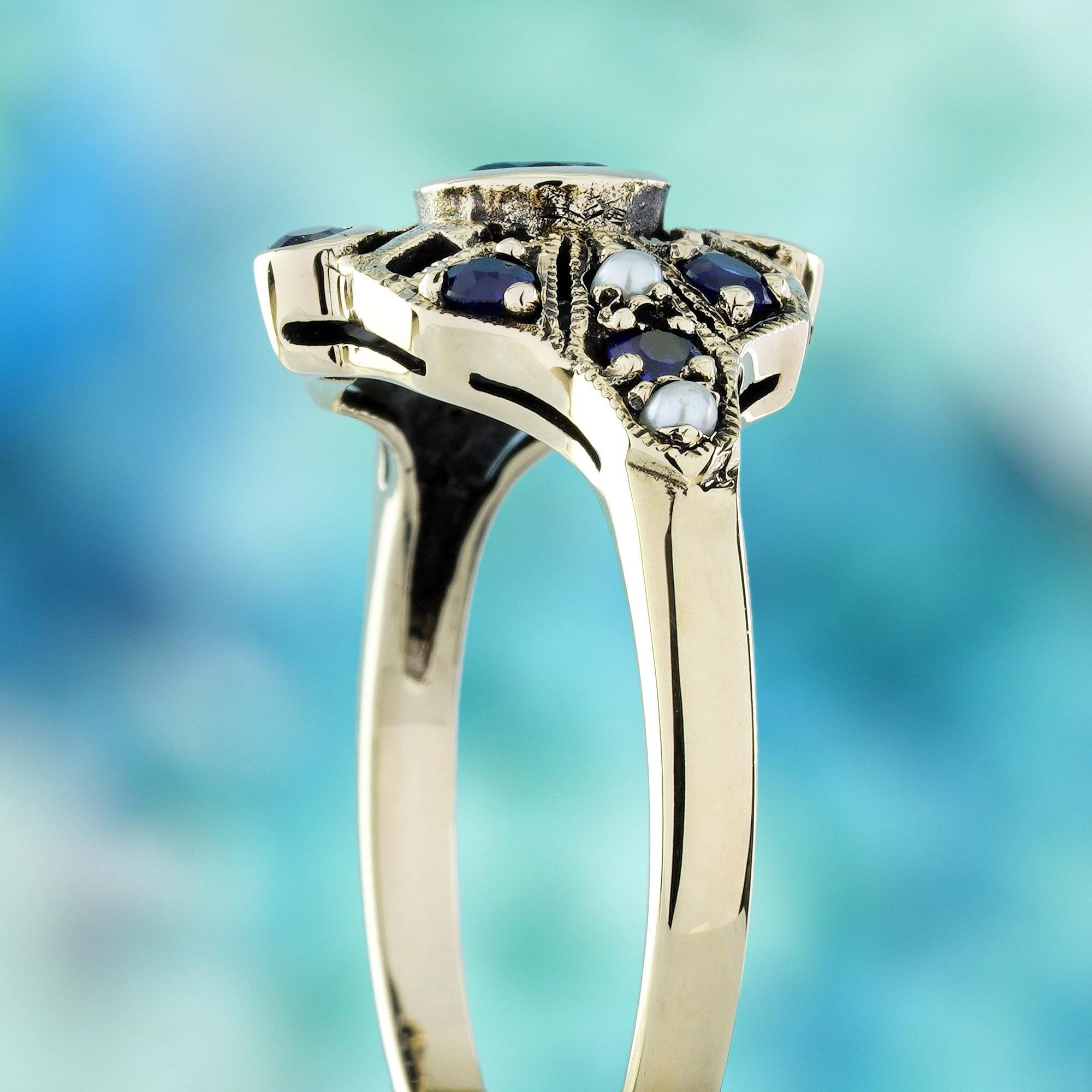 Women's or Men's London Blue Topaz Sapphire Pearl Vintage Style Ring in Solid 9K Yellow Gold For Sale