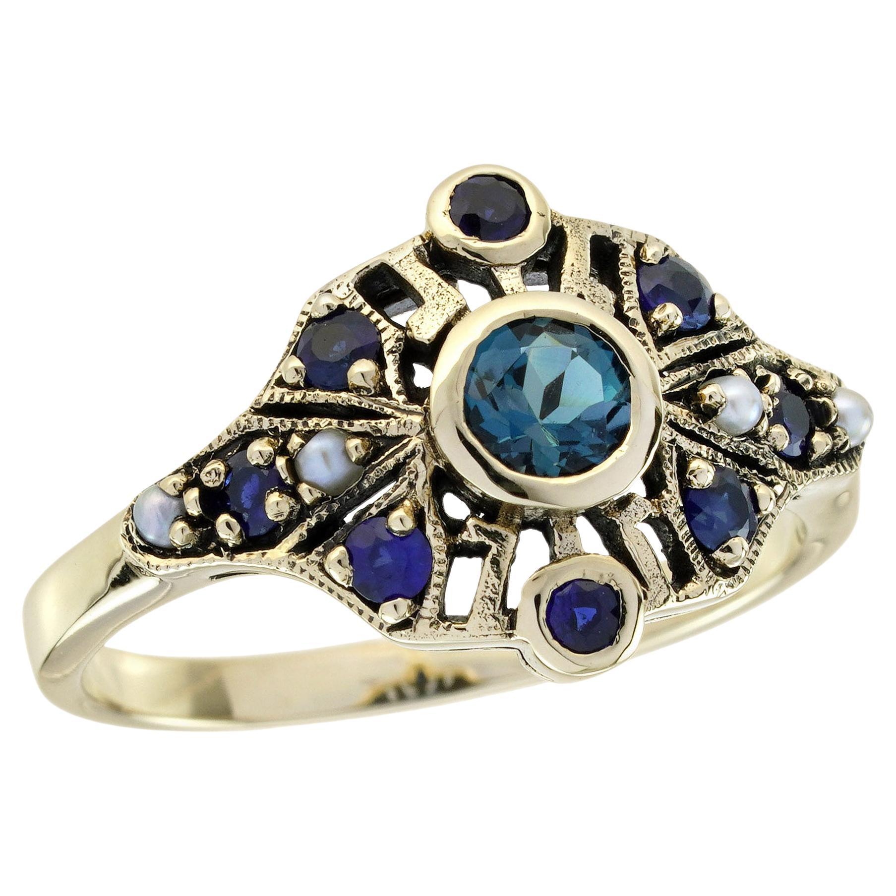 London Blue Topaz Sapphire Pearl Vintage Style Ring in Solid 9K Yellow Gold