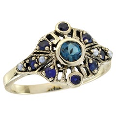 London Blue Topaz Sapphire Pearl Vintage Style Ring in Solid 9K Yellow Gold