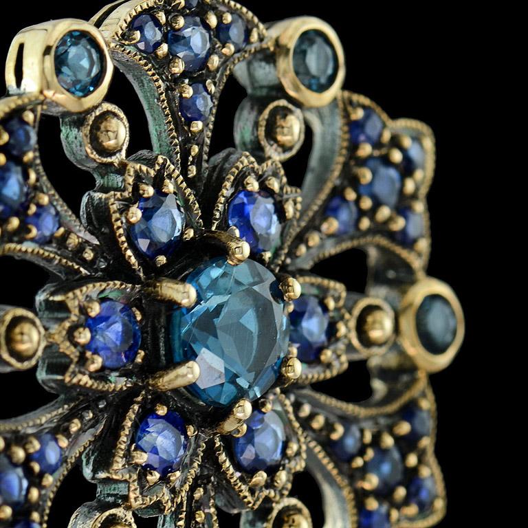 London Blue Topaz Sapphire Vintage Style Floral Pendant in 14K Yellow Gold For Sale 1
