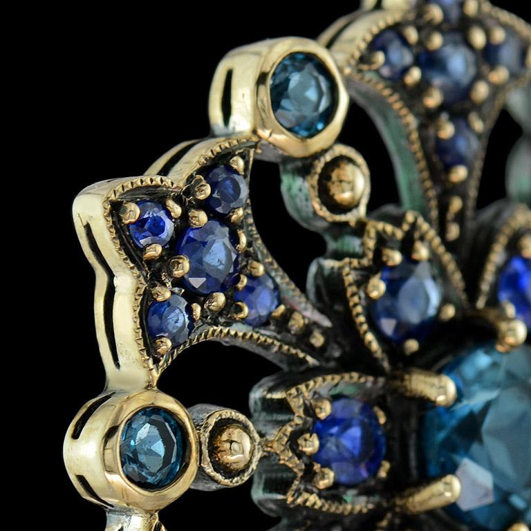 London Blue Topaz Sapphire Vintage Style Floral Pendant in 14K Yellow Gold For Sale 2