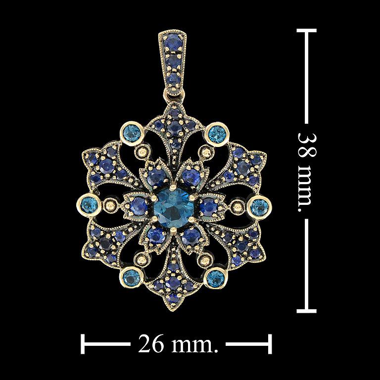 London Blue Topaz Sapphire Vintage Style Floral Pendant in 14K Yellow Gold For Sale 3