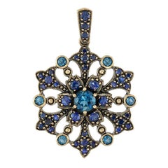 London Blue Topaz Sapphire Vintage Style Floral Pendentif en or jaune 14K