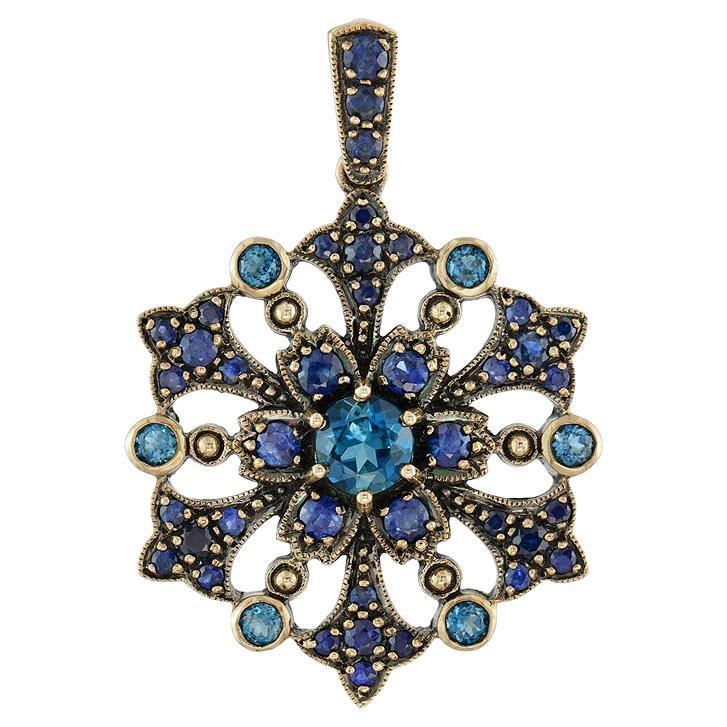 London Blue Topaz Sapphire Vintage Style Floral Pendant in 14K Yellow Gold