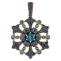 London Blue Topaz Sapphire Vintage Style Floral Pendant in 14K Yellow Gold