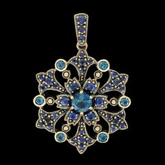 London Blue Topaz Sapphire Vintage Style Floral Yellow Gold Pendant