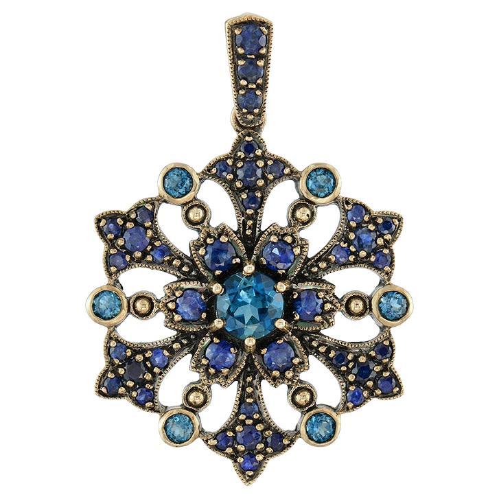 Ciondolo in oro giallo floreale con zaffiro blu di Londra in stile vintage