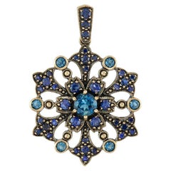 London Blue Topaz Sapphire Vintage Style Floral Yellow Gold Pendant