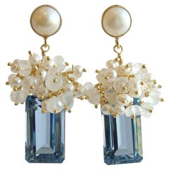 London Blue Topaz Seed Pearls Moonstone Cluster Earrings, Dione IX Earrings