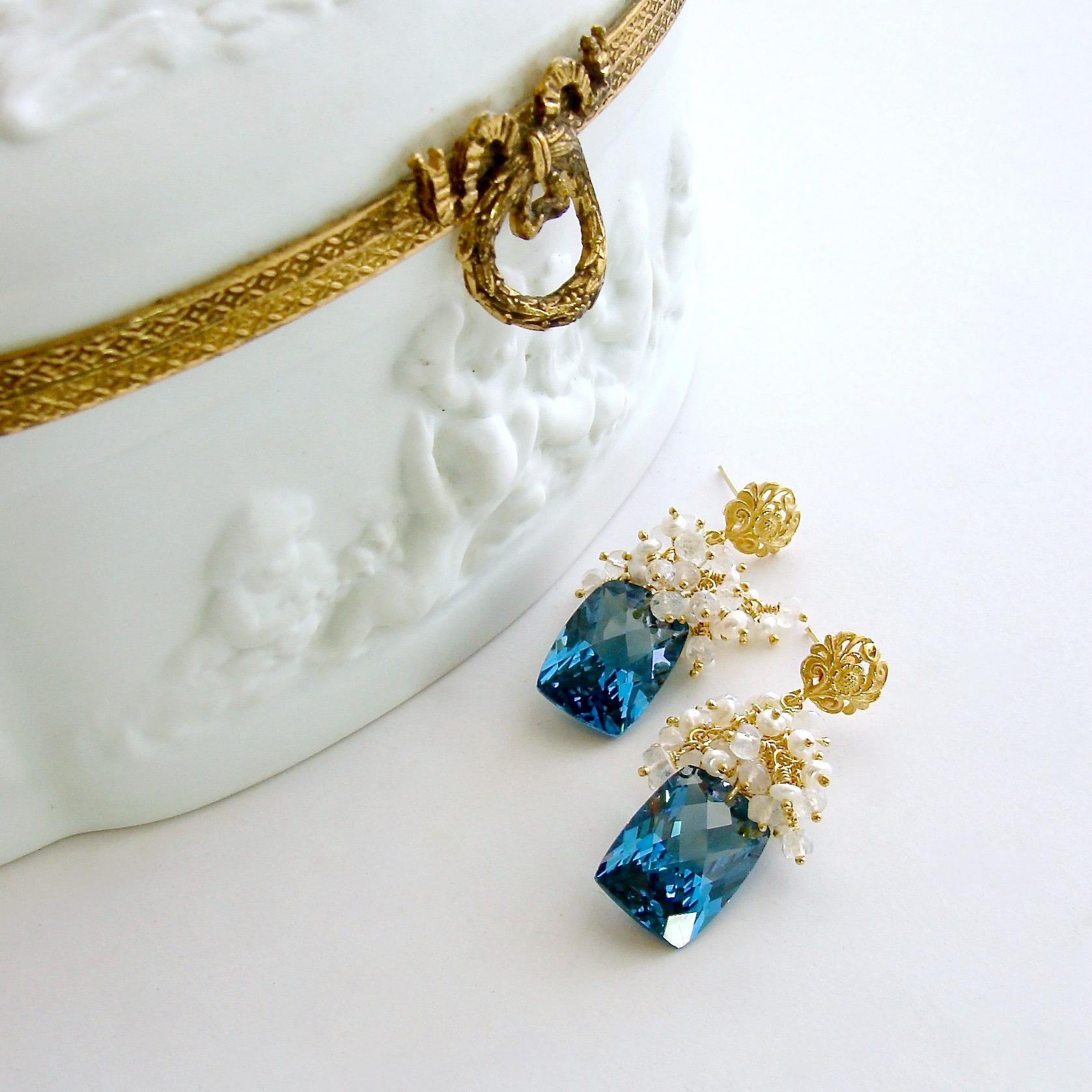 Baguette Cut London Blue Topaz Seed Pearls Moonstone Cluster Earrings