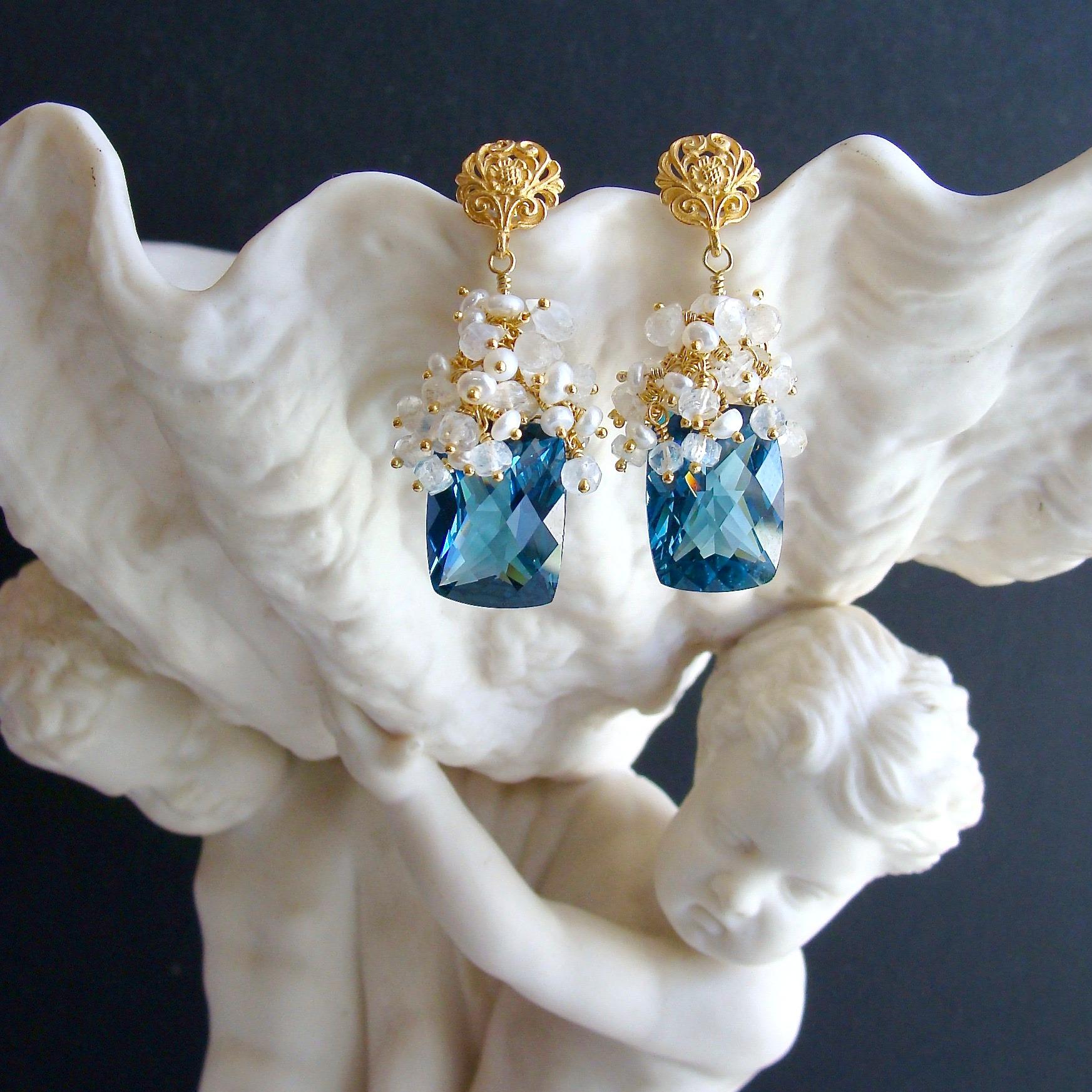 London Blue Topaz Seed Pearls Moonstone Cluster Earrings In New Condition In Colleyville, TX