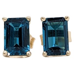 Londoner Blauer Topas Solitär-Ohrstecker aus massivem 14K Gold mit Smaragdschliff 6x4mm