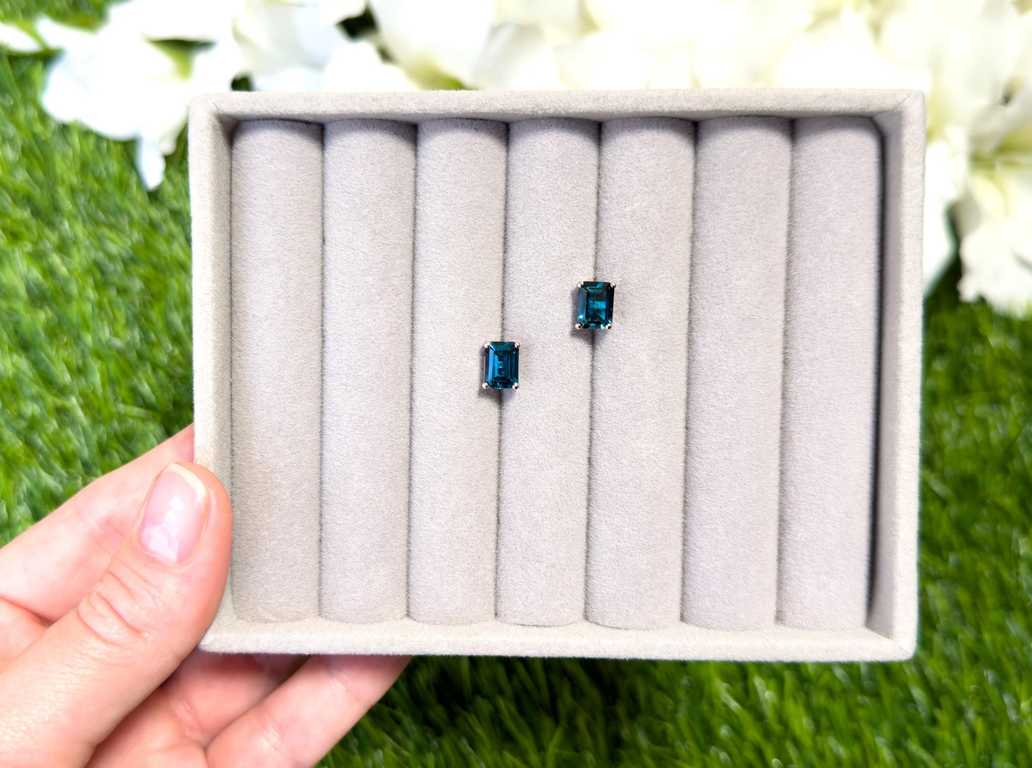 Emerald Cut London Blue Topaz Stud Earrings 3.88 Carats For Sale