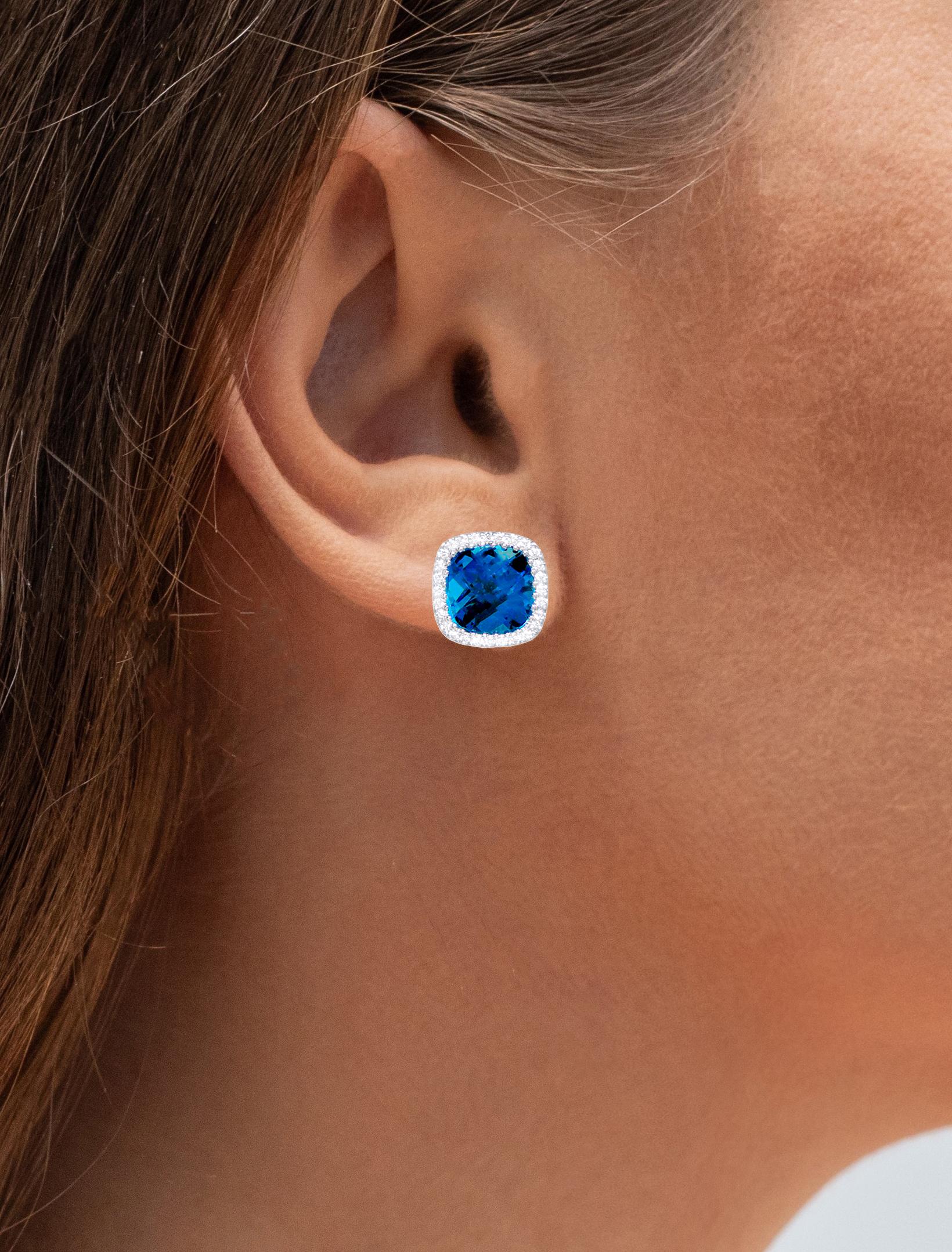 Contemporary London Blue Topaz Stud Earrings Diamond Halo 3.40 Carats 18K White Gold For Sale