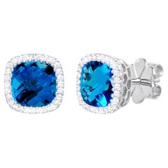 London Blue Topaz Stud Earrings Diamond Halo 3.40 Carats 18K White Gold