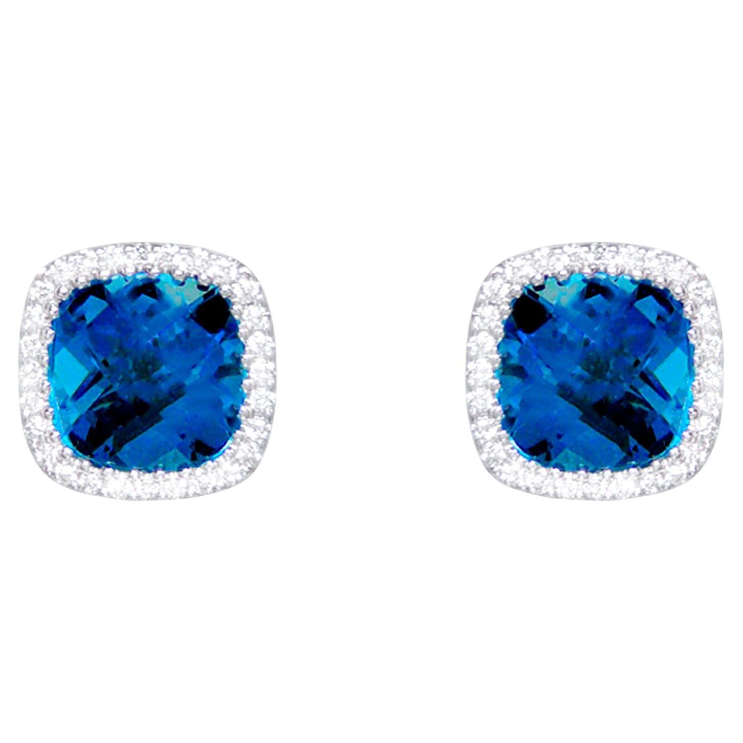 London Blue Topaz Stud Earrings Diamond Halo 3.40 Carats 18K White Gold