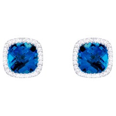 London Blue Topaz Stud Earrings Diamond Halo 3.40 Carats 18K White Gold