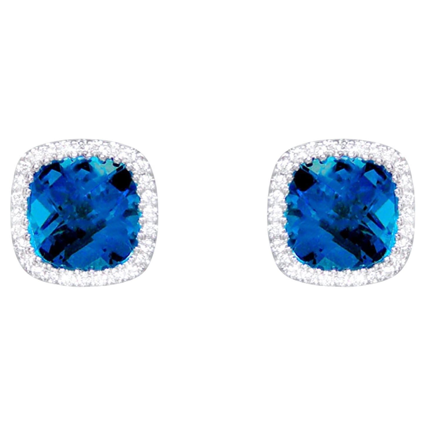 Pendientes de topacio azul de Londres Halo de diamantes 3,40 quilates Oro blanco de 18 quilates